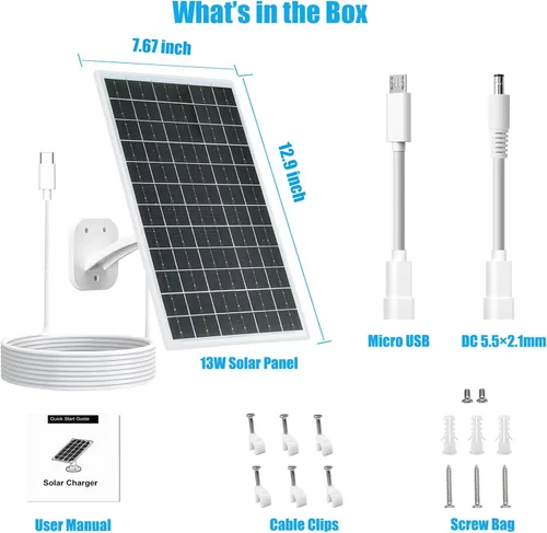 Miniatura 2 de Panel Solar de 13W para Cámaras de Seguridad al Aire Libre, USB-C, Micro USB y Salida DC de 5.5x2.1mm, Montura de 360°, Resistente al Agua IP66