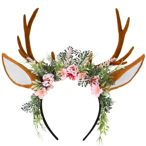 MOSTORY Diadema hecha a mano con cuernos de reno color marrón, corona ajustable de cuernos de reno con orejas, tocado de bosque de flores de hada,
