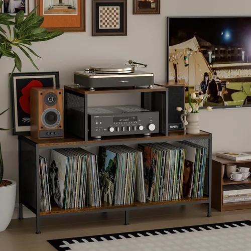 Miniatura 7 de Sonyabecca Espaciosa mesa de tocadiscos vintage – Capacidad para 150 – 250 álbumes de vinilo, divisores ajustables, áreas de visualización lateral