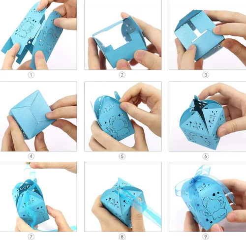 Miniatura 4 de Kslong Cajas azules de recuerdo de baby shower, 50 cajas de recuerdo de elefante para bebé niño, cajas de dulces cortadas con láser con cinta