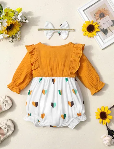 Miniatura 4 de Ropa de bebé niña con volantes de manga larga de algodón y lino con botón + diadema 2 piezas de otoño para bebé niña