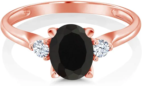 Miniatura 2 de Gem Stone King Anillo de compromiso ovalado de oro rosa de 10 quilates, ónix negro y zafiro blanco creado con 3 piedras para mujer