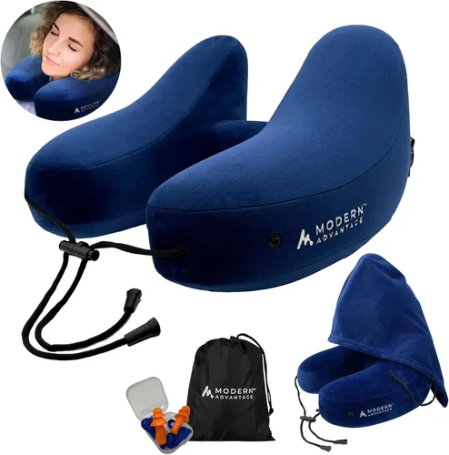 Miniatura 10 de Modern Advantage Almohada inflable de viaje para aviones con capucha cómoda, soporte ajustable para el cuello, almohada ligera y compacta para Negro