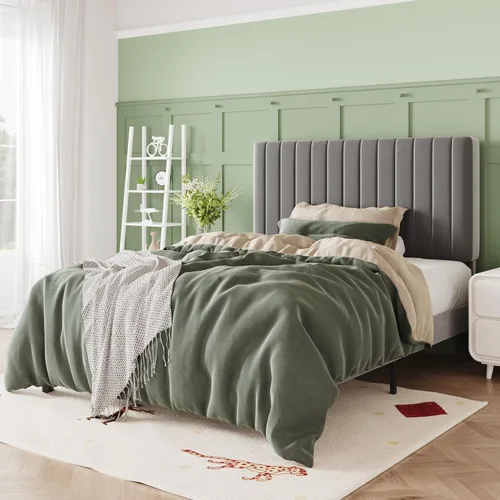 Miniatura 13 de Allewie - Base de cama tamaño King con cabecera acolchada tapizada en terciopelo y diseño acanalado vertical ajustable; plataforma de cama con base