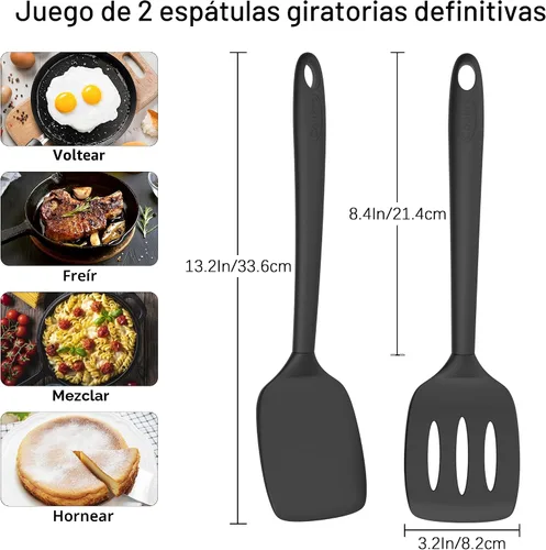 Miniatura 6 de Coukre Juego de 2 Espátulas de Silicona, Resistente al Calor Alto, Libre de BPA, Espátula de Cocina, Volteador Sólido y Ranurado para Sartenes negro