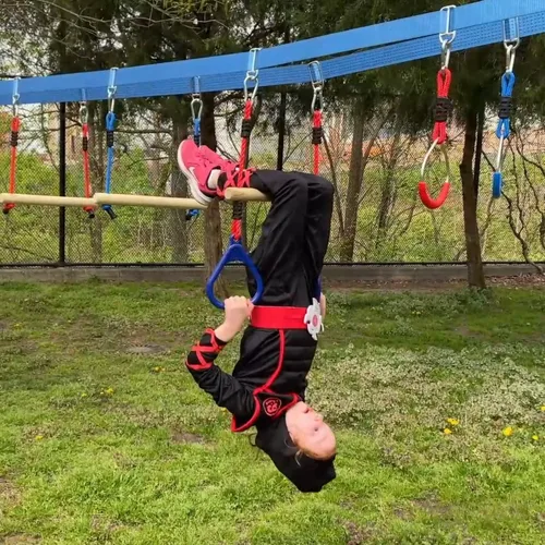 Miniatura 7 de Double Ninja Slackline - Carrera de obstáculos para niños, línea de 110 pies, equipo de juegos de barras de mono, carrera de obstáculos Ninja