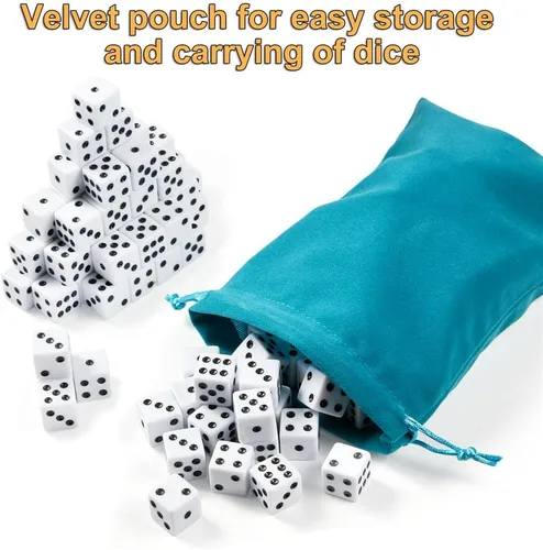 Miniatura 5 de Juego de dados de 100 piezas, dados blancos estándar de 0.63 pulgadas, dados opacos de seis caras con bolsa, dados blancos a granel de puntos negros