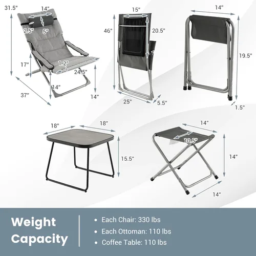 Miniatura 3 de Tangkula Juego de 5 sillas tipo bandolera para patio, sillas plegables de playa con otomana y mesa auxiliar, cojín de asiento extraíble