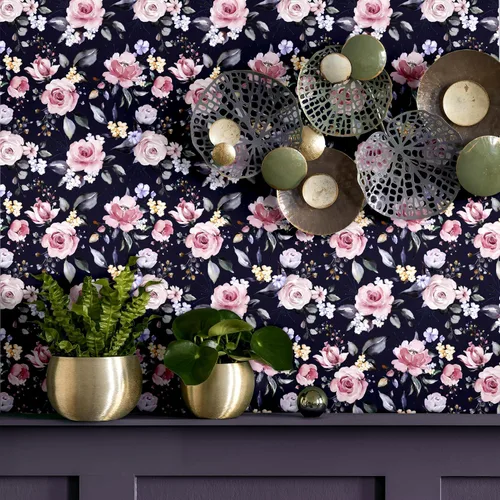 Miniatura 2 de Blooming Wall DPY53-D Papel pintado de rosas frescas de acuarela con hojas boho texturizadas despegar y pegar autoadhesivo papel pintado pre-pegado