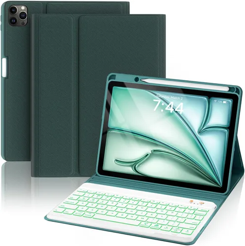 Miniatura 25 de OYEEICE Funda de teclado para iPad 6ª/5ª generación de 9.7 pulgadas, teclado inalámbrico desmontable retroiluminado de 7 colores, cubierta magnética