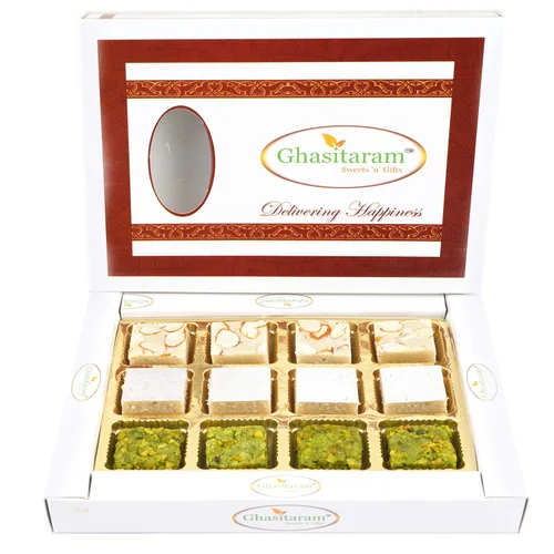Ghasitaram Gifts Diwali Regalos – Pure Kaju Badam Pista Barfi 12 piezas | Diwali, Holi, Rakhi, San Valentín, Navidad, cumpleaños, aniversario,
