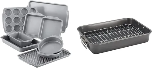 Farberware Juego de 10 utensilios de acero antiadherente para hornear, tostador de acero antiadherente gris con estante plano, 11 x 15 pulgadas, gris