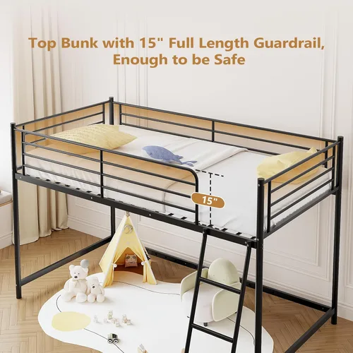 Miniatura 4 de Bonnlo Cama baja tipo loft tamaño individual, marco de cama individual de metal con escalera inclinada y barandillas de seguridad, diseño