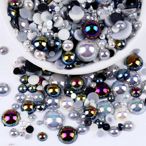 Miniatura 13 de Perlas con parte trasera plana para manualidades, 50g Mezcla Azul Rosa Blanco Medias perlas para manualidades, Tamaño mixto 3/4/5/6/8/10mm Perlas