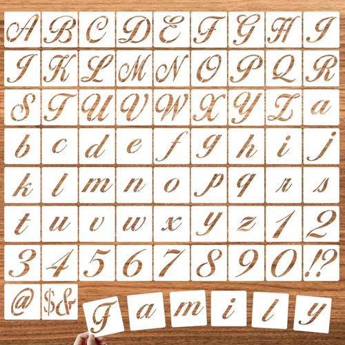 Miniatura 9 de Plantillas de símbolos de letras de 3 pulgadas para pintar sobre madera, 65 plantillas de dibujo del alfabeto con caligrafía, fuente grande y letras