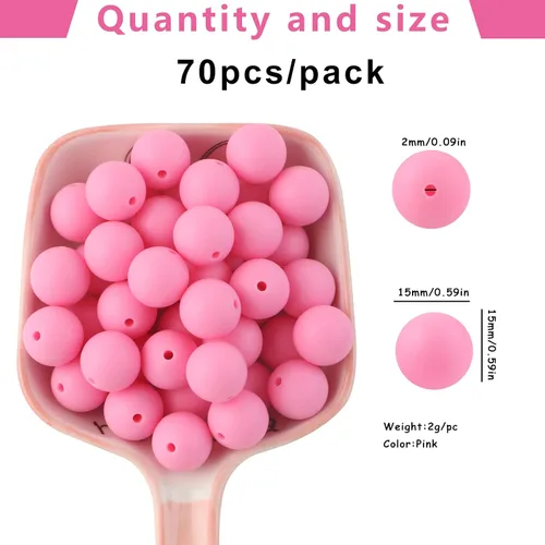 Miniatura 4 de Sunrony 70 cuentas de silicona para hacer collares, cuentas redondas de silicona a granel de 0.591 in para bolígrafos (rosa)
