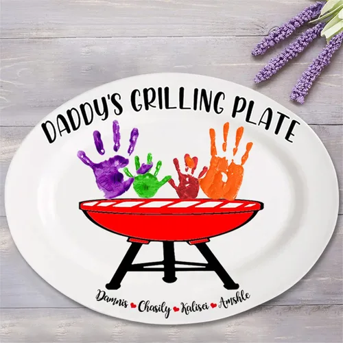 Miniatura 6 de Plato personalizado para asar para papá con nombres de niños, arte infantil, placa de servicio de impresión de mano para la familia, placa de Plato