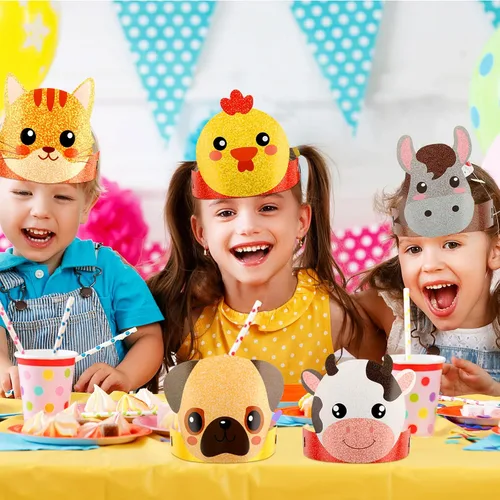 Miniatura 2 de Yinder 48 sombreros de fiesta de cumpleaños con temática de animales de granja, diademas de animales, corona de papel de granja para recuerdos
