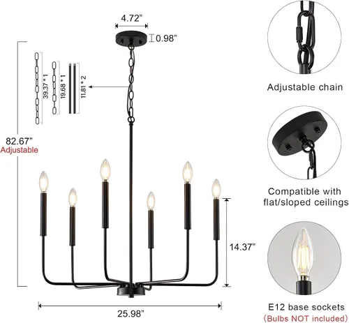 Miniatura 3 de Lámpara de araña negra, moderna lámpara de comedor de granja de 6 luces con cadena, accesorios de iluminación colgantes de metal, luces de comedor