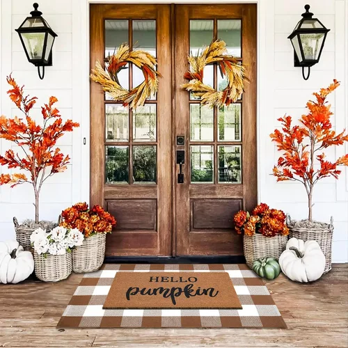 Miniatura 2 de Homydecor - Alfombras de lana a cuadros de búfalo para exteriores de 28'' x 43'', alfombra de área a cuadros café y blanco, alfombra para superponer