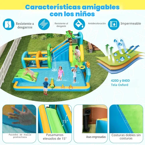 Miniatura 6 de BOUNTECH Parque inflable de tobogán acuático, castillo hinchable de tobogán acuático 9 en 1 con piscina grande, carrera de obstáculos, tobogán