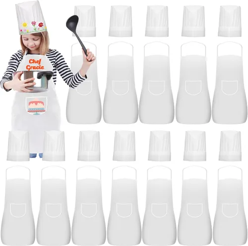 24 piezas de sombrero y delantal de chef para niños de 5 a 12 años, delantal para niños y niñas, cocina, hornear, pintura