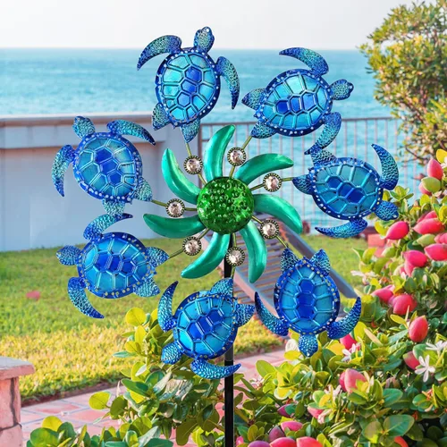 COOZZYHOUR Molinillos de viento de tortuga marina de 39 pulgadas, estaca de metal para jardín, diseño de océano al aire libre, escultura de viento,