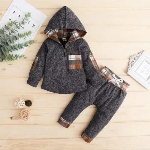 Miniatura 3 de Ropa de bebé para niños pequeños, traje de otoño e invierno, manga larga, bolsillo a cuadros, sudadera con capucha + pantalones, 2 piezas