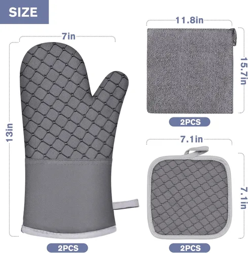 Miniatura 7 de 6 guantes de horno y soportes para ollas, resistentes al calor de 500 ℉ con toallas de cocina, forro de algodón suave y superficie de silicona Gris