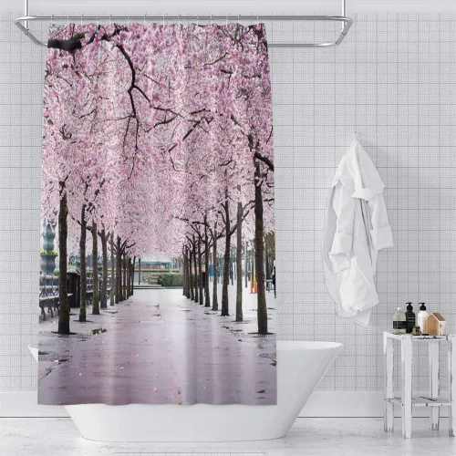 Miniatura 10 de Cortina de ducha japonesa con flores de cerezo blanco, pétalos que caen, decoración de fondo rosa, tela impermeable, cortina de baño floral