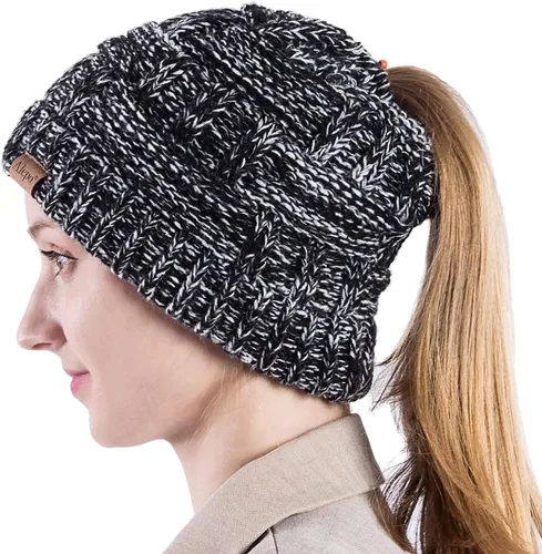 Miniatura 3 de Alepo Womens High Messy Bun Beanie Hat with Ponytail Hole, Winter Warm Trendy Knit Ski Skull Cap