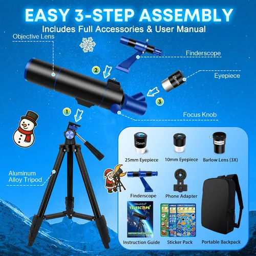 Miniatura 5 de Hawkko Telescopio para Adultos y Principiantes, Apertura de 80mm 500mm Telescopios para Astronomía Adultos, (20X-150X) Kit de Telescopio Refractor