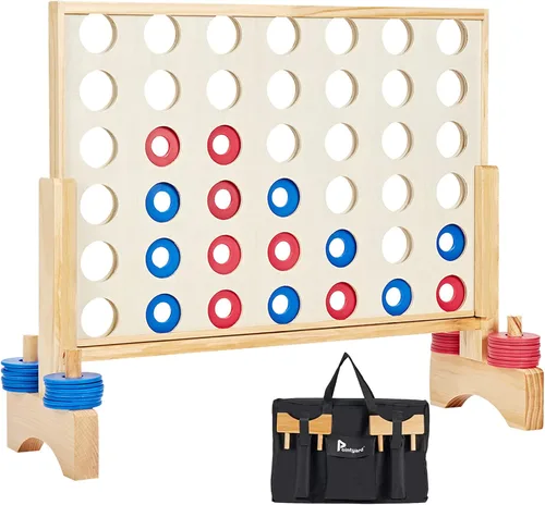 Juego gigante de madera 4 en fila de 2.8 pies, juego de mesa gigante para interiores y exteriores para adolescentes, incluye 42 fichas y bolsa de