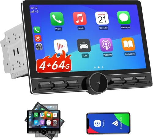 Radio de coche doble DIN Android 13 de 10.6 pulgadas [4 GB de RAM + 64 GB de ROM] con CarPlay inalámbrico y Android Auto, 4G, botón de perilla, GPS,