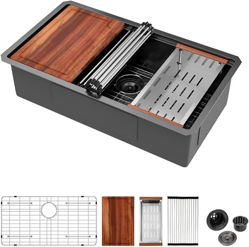 Miniatura 20 de Logmey Fregadero de cocina de montaje inferior de 33 pulgadas 33x19 Fregaderos de acero inoxidable SUS304 calibre 16 hechos a mano de un solo