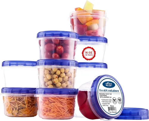 AQUA BLUE Recipientes de almacenamiento para congelador de sopa con tapas superiores giratorias [16 onzas – paquete de 10 unidades] Recipiente de