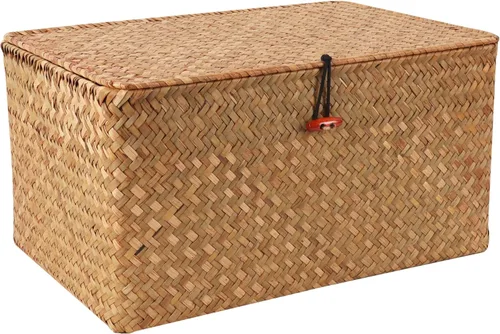 Miniatura 8 de Moosky Cestas de mimbre con tapa, cesta tejida a mano de pastos marinos para cestas de almacenamiento, cajas de regalo rectangulares para el hogar