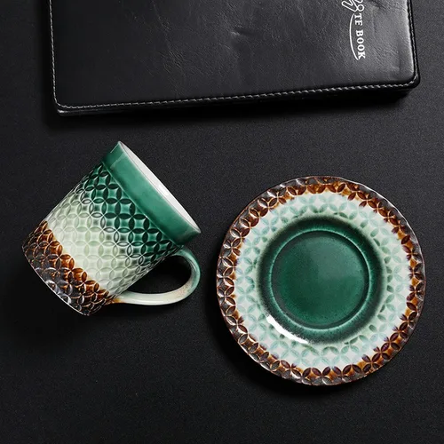 Miniatura 4 de CAPIJIONG 6.8 fl oz/6.67oz Vintage Cerámica Horno Taza de Café Set Creativo Simple Taza de Leche para Oficina Hogar Restaurante Café-Azul Esmalte