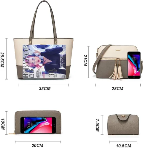 Miniatura 141 de Juego de 4 bolsas modernos para mujer de cuero sintético: bolso tote, bolso de hombro, bolso de mano y cartera.