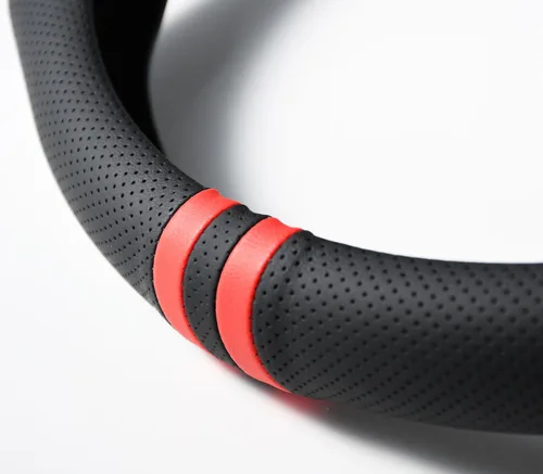 Miniatura 4 de Instalación rápida Funda de volante de cuero Nappa perforado con estilo deportivo y rayas rojas, ajuste universal de 14½" a 15" para automóvil, SUV