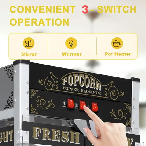 Miniatura 3 de Máquina comercial de palomitas de maíz con carrito y hervidor de 20 onzas, máquina vintage de palomitas de maíz de 1440 W sobre ruedas con vidrio