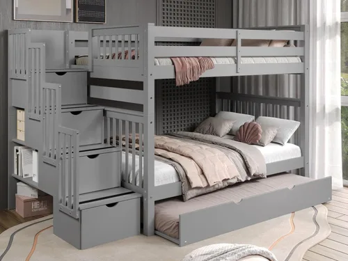 Miniatura 10 de Bedz King Literas de escalera de tamaño matrimonial sobre matrimonial con 4 cajones en los escalones y un nido completo, color gris Cerezo oscuro