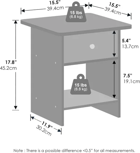 Miniatura 2 de Furinno TIDUR - Mesita de noche cuadrada de esquina redonda con compartimento de almacenamiento, mesa de noche, mesa auxiliar, mesa auxiliar