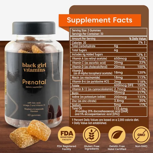 Miniatura 5 de Black Girl Vitamins - Gomitas prenatales para mujeres con vitaminas y ácido fólico para el apoyo a la salud ósea, sin gluten, (frambuesa-limonada)