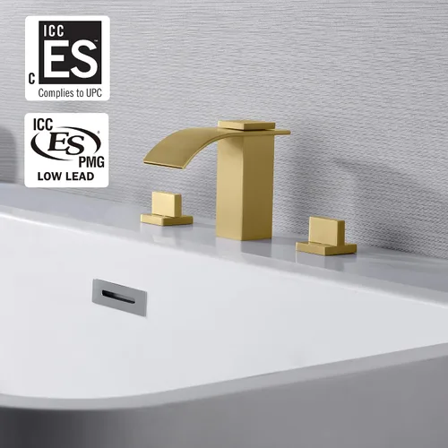 Miniatura 2 de SUMERAIN Grifo de bañera romana de dos manijas 3 agujero cascada grifo de bañera oro cepillado con válvula