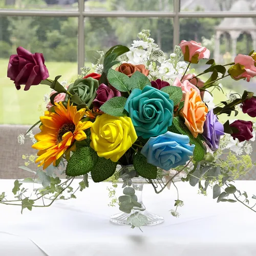 Miniatura 4 de 25 rosas artificiales de color púrpura con tallo largo, de espuma falsa con sensación real, para decoración, ramos de boda, centros de mesa, ducha
