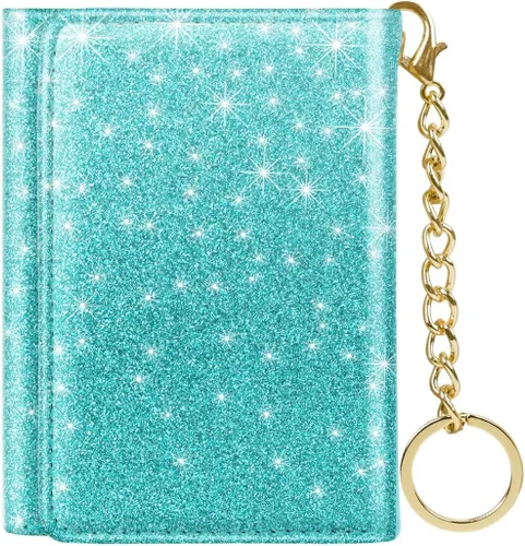 Miniatura 14 de Billetera triple para mujer, pequeña, delgada, con bloqueo RFID, bonito tarjetero de cuero con bolsillo largo para efectivo y llavero, Azul Flores