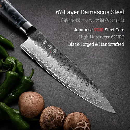 Miniatura 5 de Cuchillo de chef japonés de 8 pulgadas, forjado a mano de 67 capas Damasco VG10 Core cuchillo de cocina para chefs domésticos y profesionales