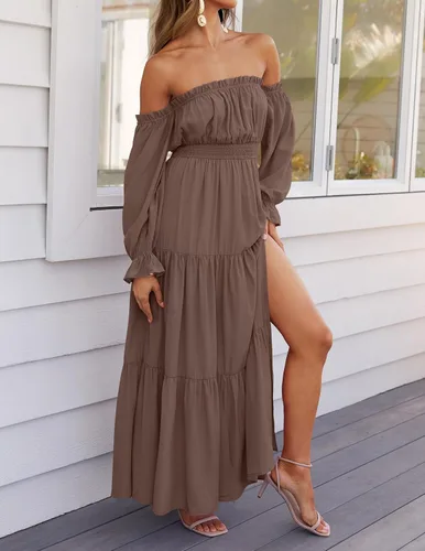 Miniatura 150 de ZESICA - Vestido largo, bohemio y sexy, con hombros descubiertos y manga larga fruncida, con elástico fruncido, cintura alta y abertura lateral