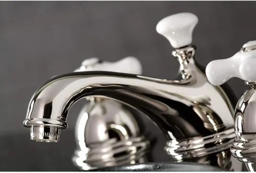 Miniatura 6 de Kingston Brass KS3961PX Restoration Grifo de lavabo generalizado con mango cruzado de porcelana, cromo pulido, centro ajustable de 8 pulgadas